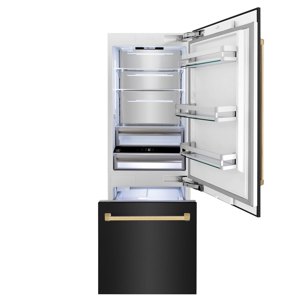 ZLINE 30 in. Built-In Refrigerator 16.1 cu. ft. Black Stainless Steel Internal Water & Ice Dispenser Gold Accents (RBIVZ-BS-30-G)