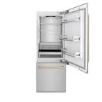 ZLINE 30-Inch Built-In Bottom Freezer Refrigerator 16.1 Cu. Ft. Water Dispenser Ice Maker Satin Stainless Steel Champagne Bronze Accents (RBIVZ-SN-30-CB)
