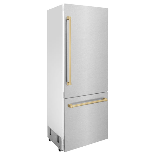 ZLINE 30-Inch Built-In Bottom Freezer Refrigerator 16.1 Cu. Ft. Water Dispenser Ice Maker Satin Stainless Steel Champagne Bronze Accents (RBIVZ-SN-30-CB)