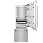 ZLINE 30 in. Built-In Bottom Freezer Refrigerator 16.1 cu. ft. Water Dispenser Ice Maker Satin Stainless Steel Polished Gold Accents (RBIVZ-SN-30-G)
