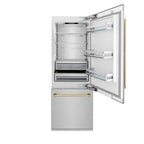 ZLINE 30 in. Built-In Bottom Freezer Refrigerator 16.1 cu. ft. Water Dispenser Ice Maker Satin Stainless Steel Polished Gold Accents (RBIVZ-SN-30-G)