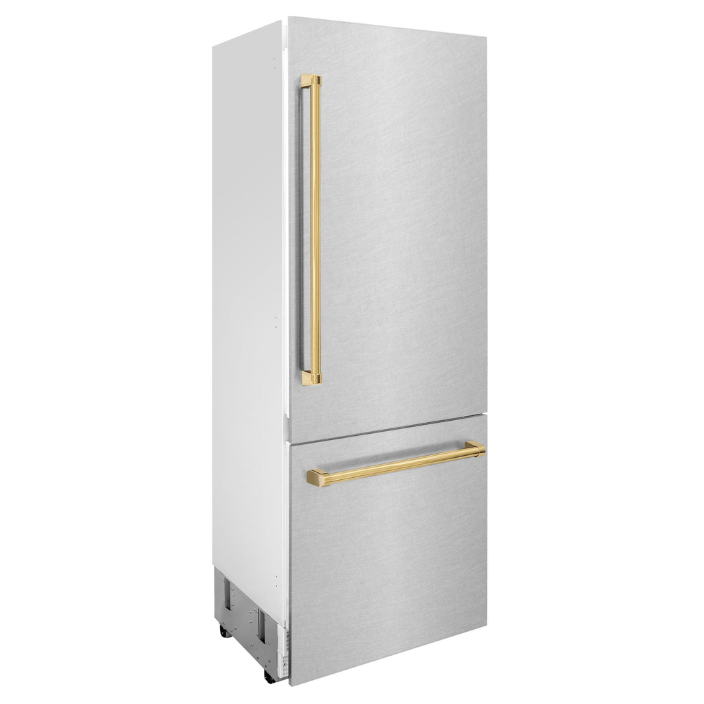 ZLINE 30 in. Built-In Bottom Freezer Refrigerator 16.1 cu. ft. Water Dispenser Ice Maker Satin Stainless Steel Polished Gold Accents (RBIVZ-SN-30-G)