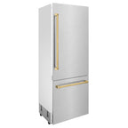 ZLINE 30 in. Built-In Bottom Freezer Refrigerator 16.1 cu. ft. Water Dispenser Ice Maker Satin Stainless Steel Polished Gold Accents (RBIVZ-SN-30-G)