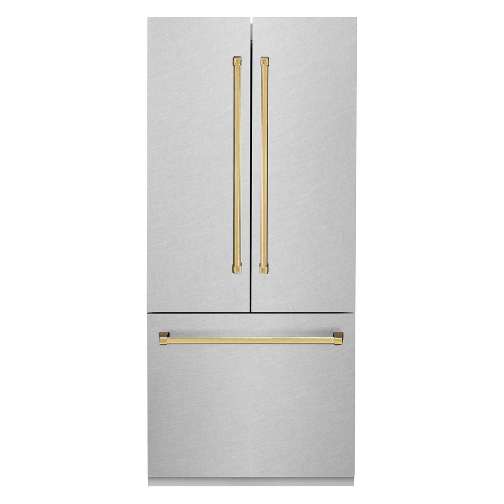 ZLINE 36 in French Door Built-In Bottom Freezer Refrigerator 19.6 cu. ft with Water Dispenser Ice Maker Satin Stainless Steel Polished Gold Accents (RBIVZ-SN-36-G)