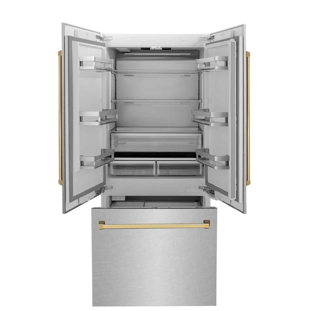 ZLINE 36 in French Door Built-In Bottom Freezer Refrigerator 19.6 cu. ft with Water Dispenser Ice Maker Satin Stainless Steel Polished Gold Accents (RBIVZ-SN-36-G)