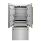 ZLINE 36 in French Door Built-In Bottom Freezer Refrigerator 19.6 cu. ft with Water Dispenser Ice Maker Satin Stainless Steel Polished Gold Accents (RBIVZ-SN-36-G)