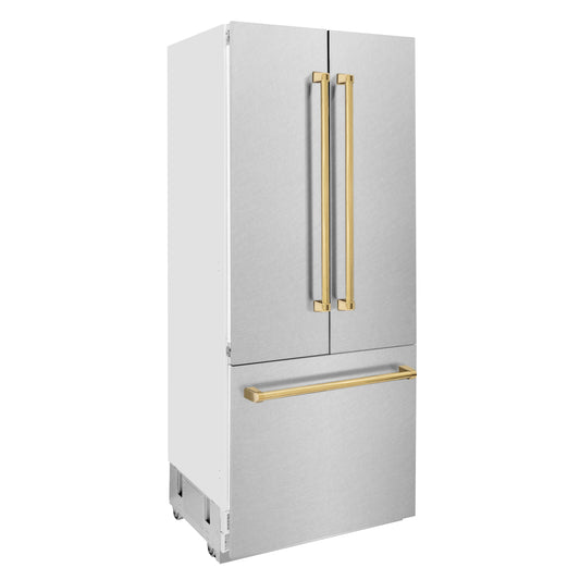 ZLINE 36 in French Door Built-In Bottom Freezer Refrigerator 19.6 cu. ft with Water Dispenser Ice Maker Satin Stainless Steel Polished Gold Accents (RBIVZ-SN-36-G)