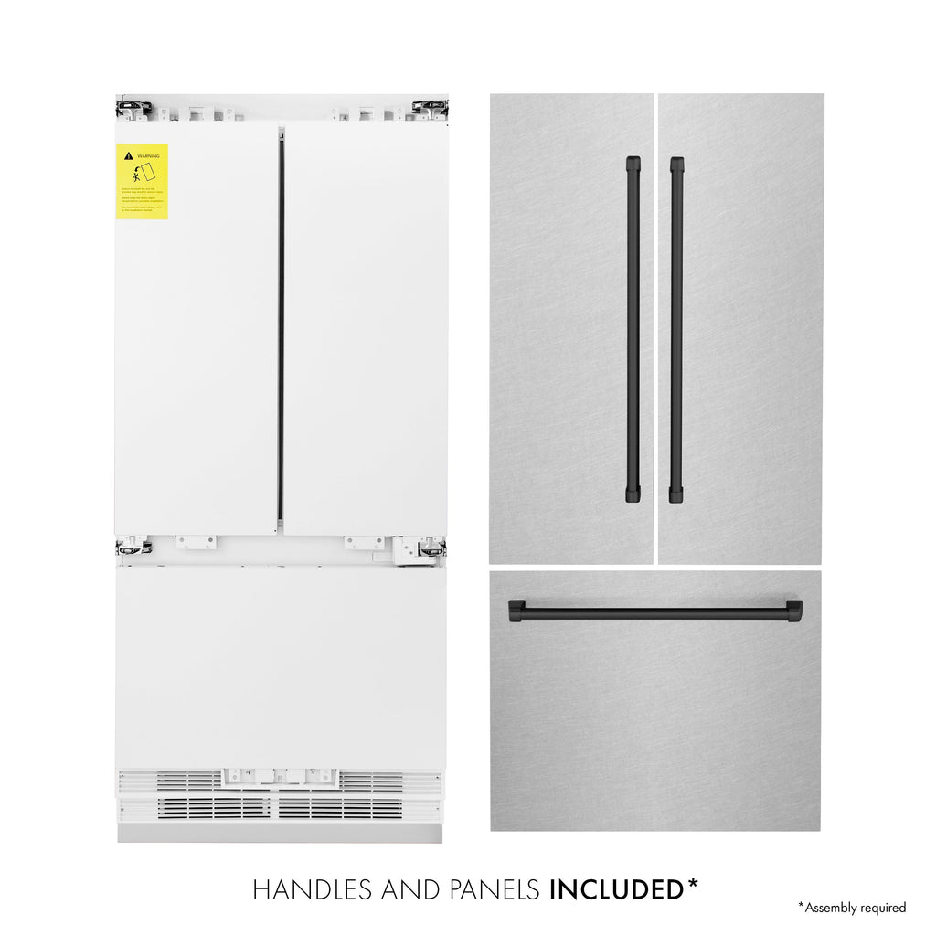 ZLINE 36 in. French Door Built-In Bottom Freezer Refrigerator 19.6 cu. ft. Satin Stainless Steel Matte Black Accents Water Dispenser Ice Maker (RBIVZ-SN-36-MB)