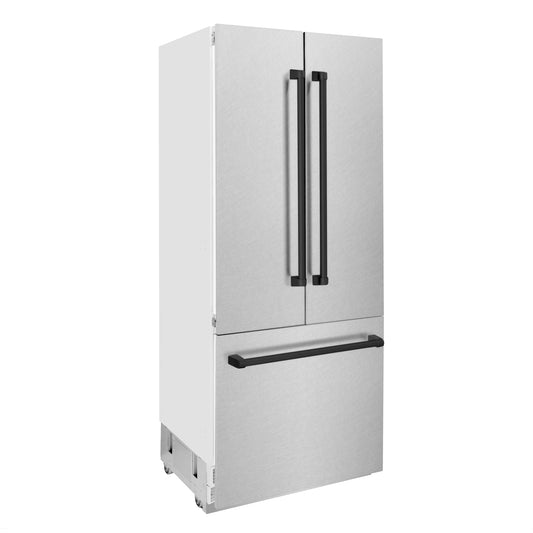 ZLINE 36 in. French Door Built-In Bottom Freezer Refrigerator 19.6 cu. ft. Satin Stainless Steel Matte Black Accents Water Dispenser Ice Maker (RBIVZ-SN-36-MB)