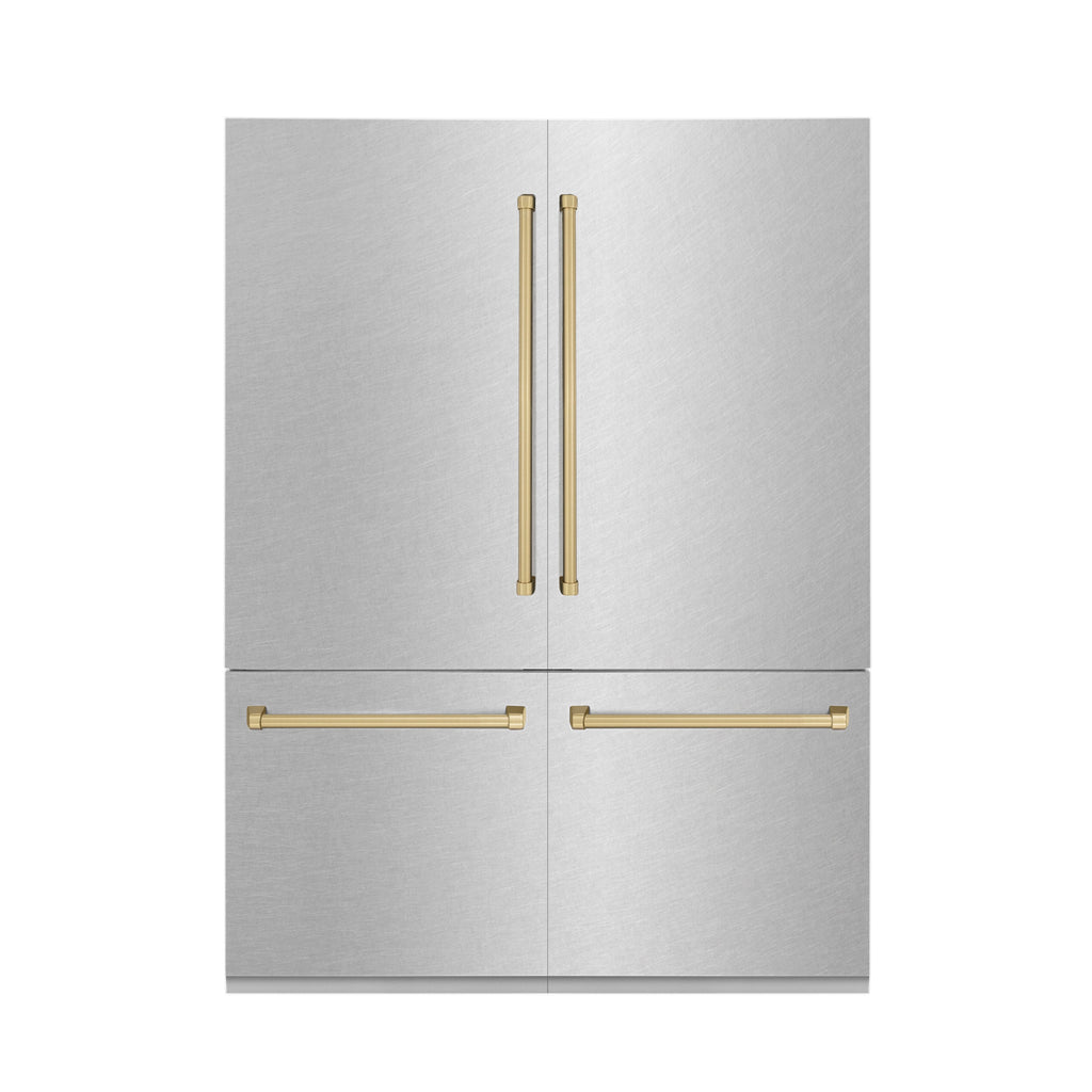ZLINE 60 in. French Door Built-In Bottom Freezer Refrigerator 32.2 cu. ft. Water Dispenser Ice Maker Satin Stainless Steel Champagne Bronze Accents (RBIVZ-SN-60-CB)