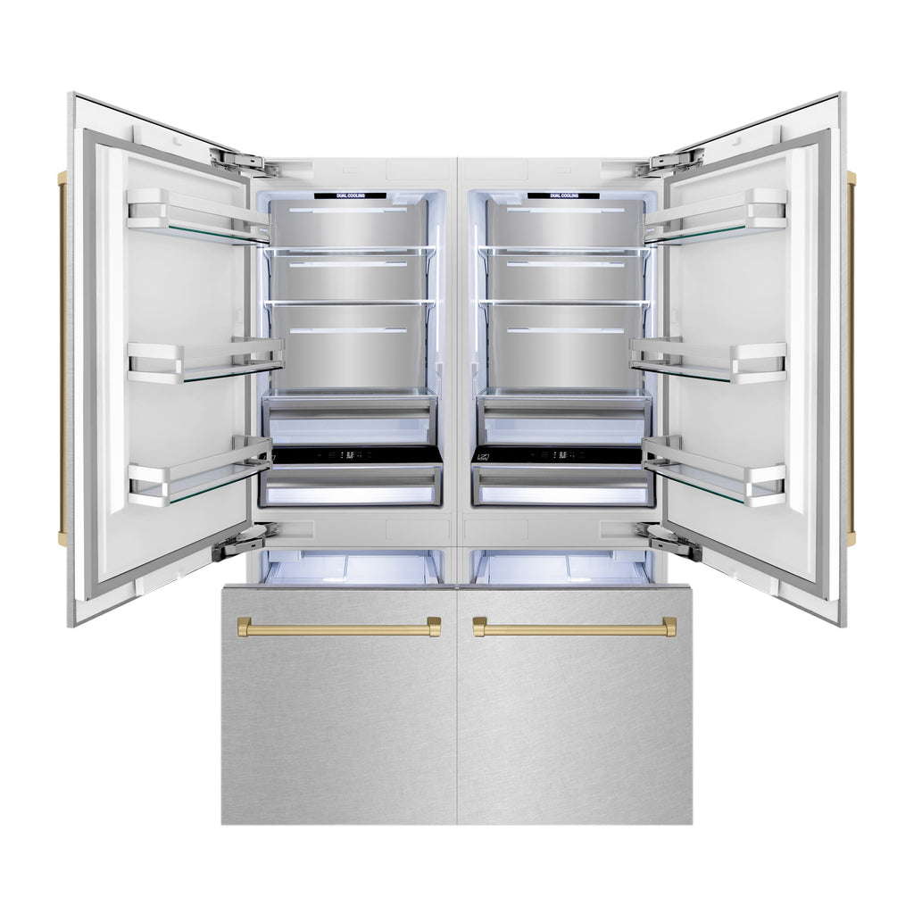 ZLINE 60 in. French Door Built-In Bottom Freezer Refrigerator 32.2 cu. ft. Water Dispenser Ice Maker Satin Stainless Steel Champagne Bronze Accents (RBIVZ-SN-60-CB)