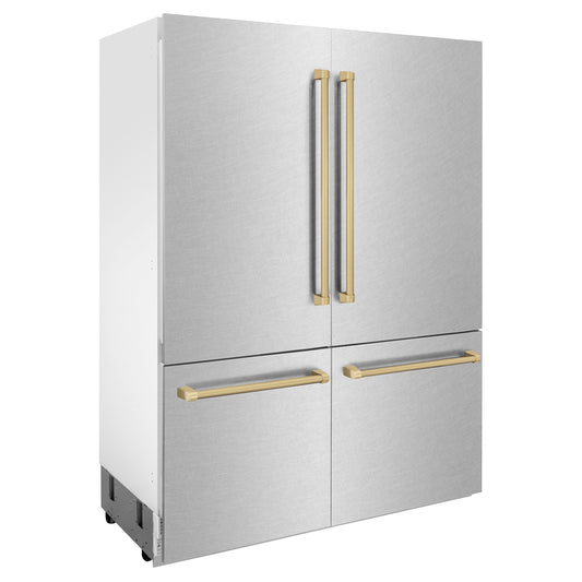 ZLINE 60 in. French Door Built-In Bottom Freezer Refrigerator 32.2 cu. ft. Water Dispenser Ice Maker Satin Stainless Steel Champagne Bronze Accents (RBIVZ-SN-60-CB)