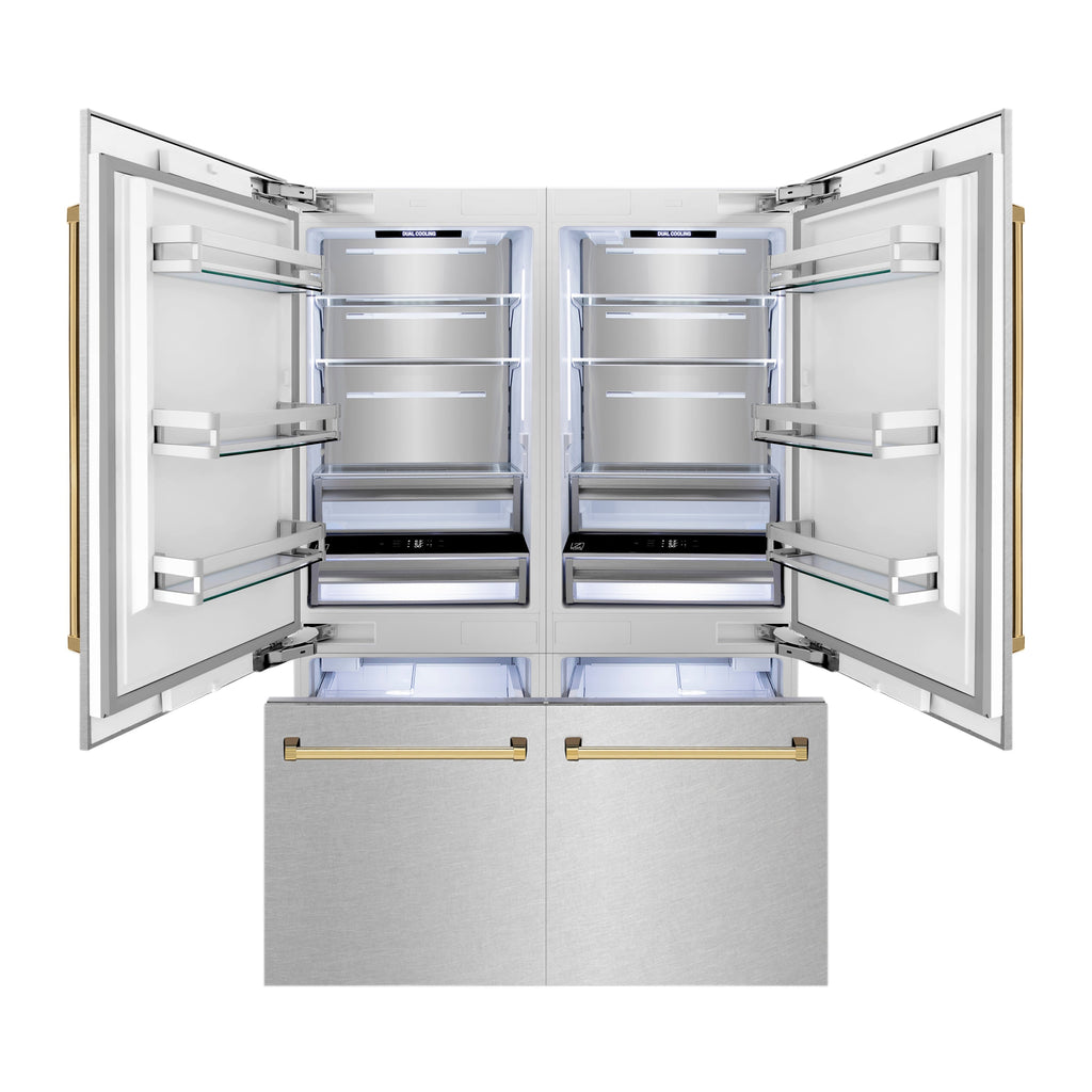 ZLINE 60-Inch French Door Built-In Refrigerator 32.2 cu. ft. Water Dispenser Ice Maker Satin Stainless Steel Polished Gold Accents (RBIVZ-SN-60-G)