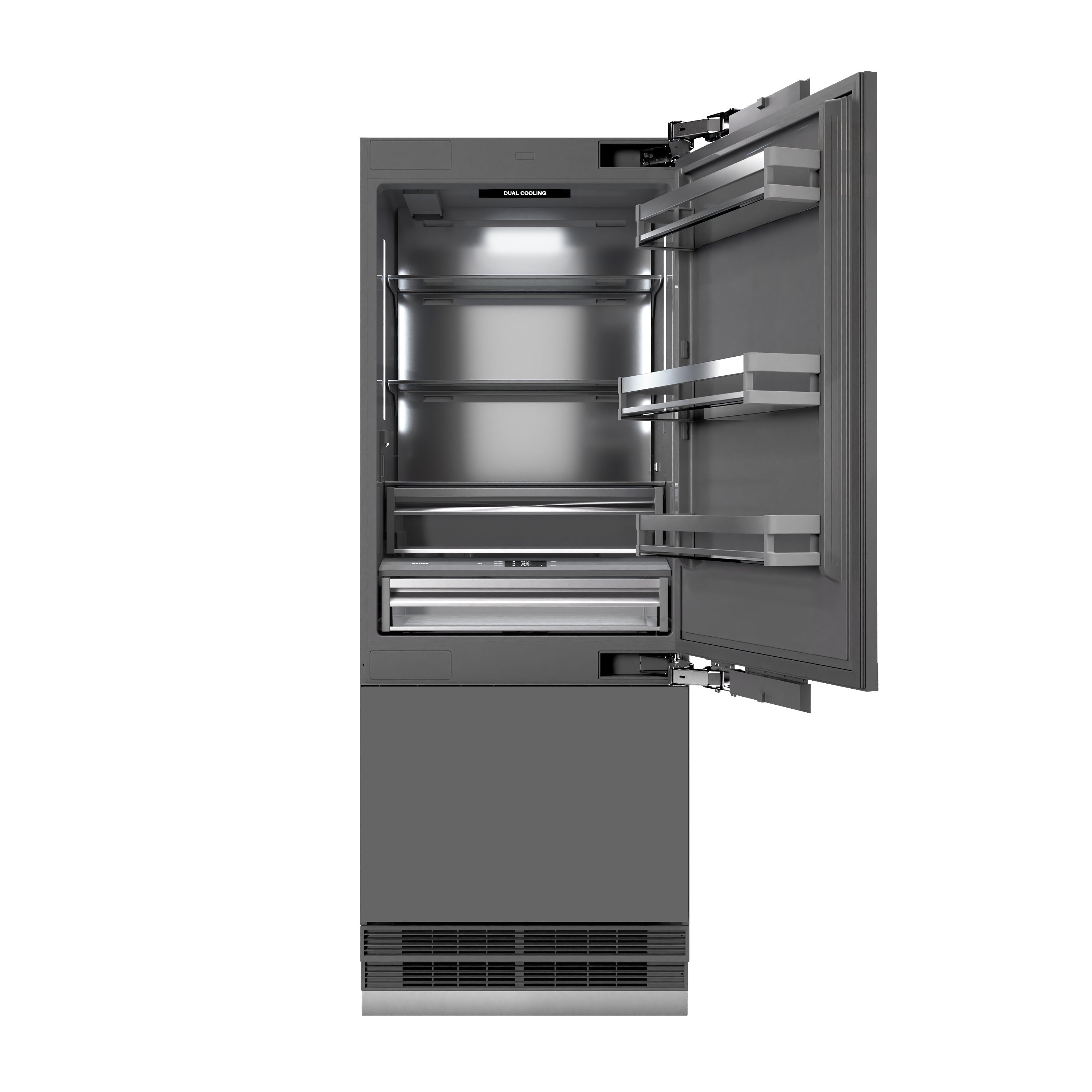 ZLINE 30 in. Panel Ready Built-In Bottom Freezer Refrigerator 16.1 cu. ft. Water Dispenser Ice Maker Graphite Gray Interior Champagne Bronze Accents (GRBIVZ-30-CB)