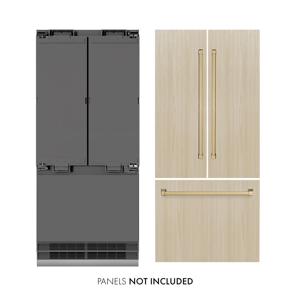 ZLINE 36 in. Panel Ready Built-In French Door Bottom Freezer Refrigerator 19.6 cu. ft. Water Dispenser Ice Maker Graphite Gray Interior Champagne Bronze Accents (GRBIVZ-36-CB)