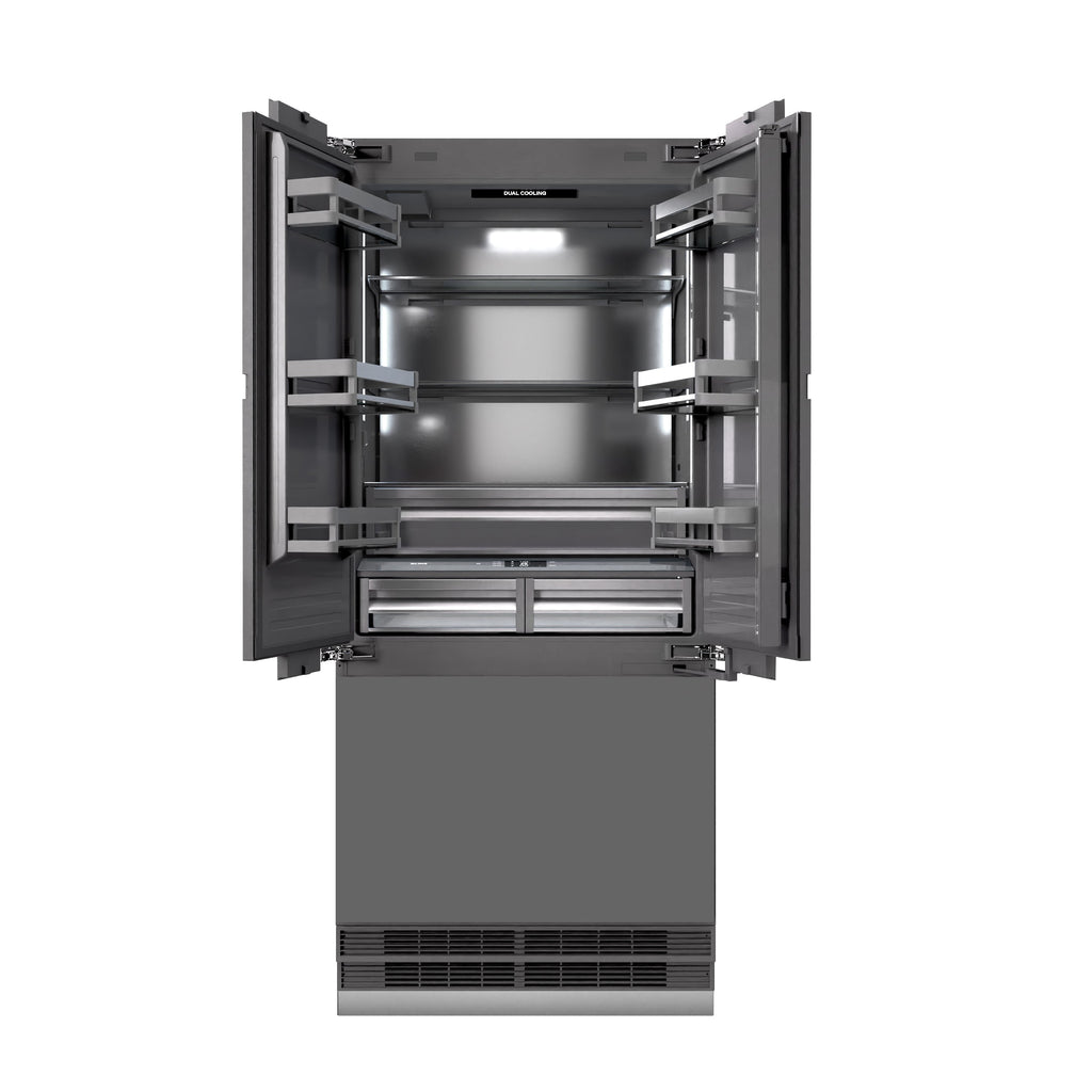 ZLINE 36 in. Panel Ready French Door Built-In Bottom Freezer Refrigerator 19.6 cu. ft. Water Dispenser Ice Maker Graphite Gray Interior Polished Gold Accents (GRBIVZ-36-G)