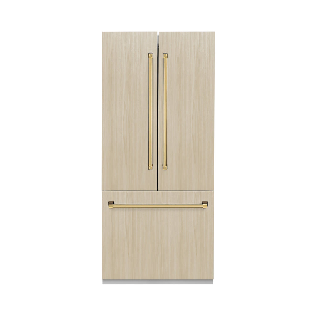 ZLINE 36 in. Panel Ready French Door Built-In Bottom Freezer Refrigerator 19.6 cu. ft. Water Dispenser Ice Maker Graphite Gray Interior Polished Gold Accents (GRBIVZ-36-G)