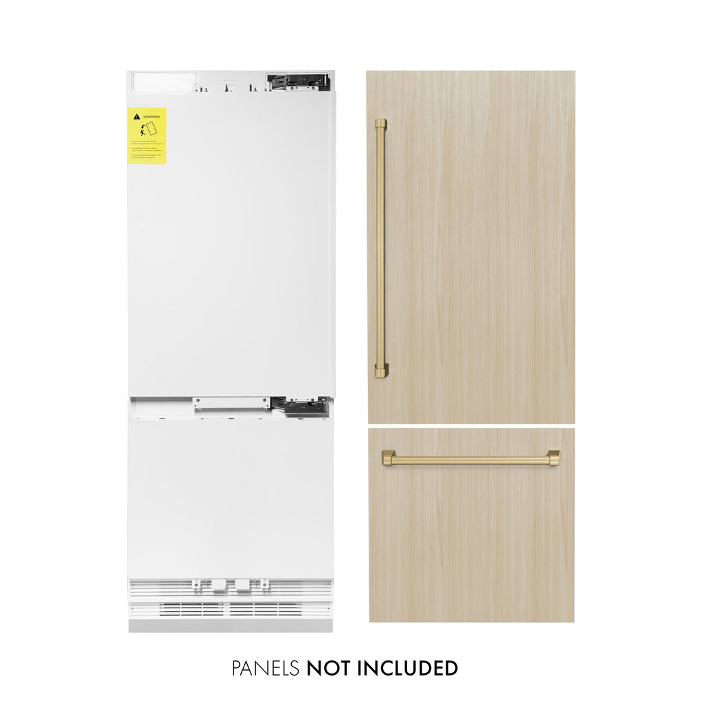 ZLINE 30 in. Built-In Panel Ready Bottom Freezer Refrigerator 16.1 cu. ft. Internal Water & Ice Dispenser Champagne Bronze Handles (RBIVZ-30-CB)