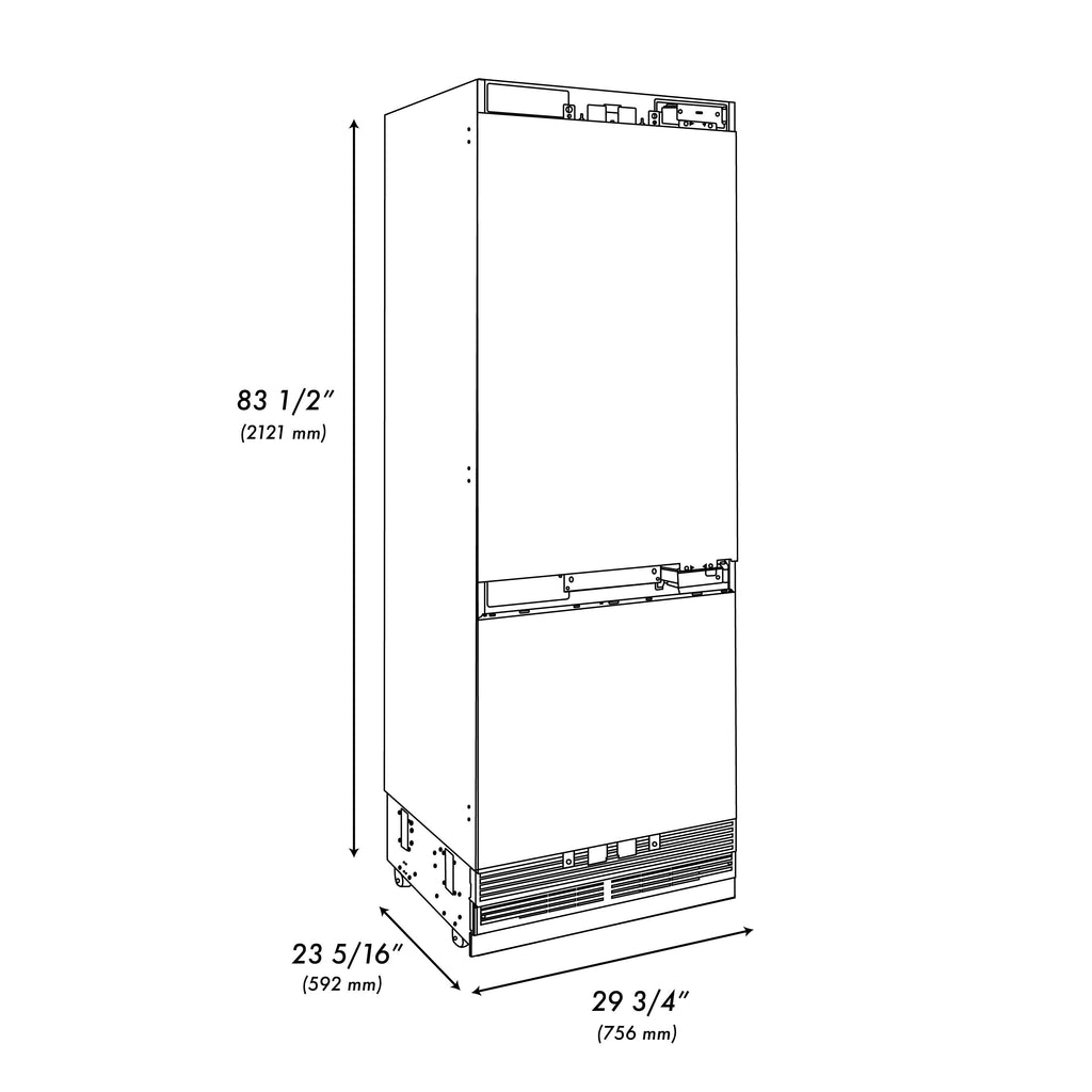 ZLINE 30 in. Built-In Bottom Freezer Refrigerator 16.1 cu. ft. Panel Ready 2-Door Internal Water & Ice Dispenser Gold Handles (RBIVZ-30-G)