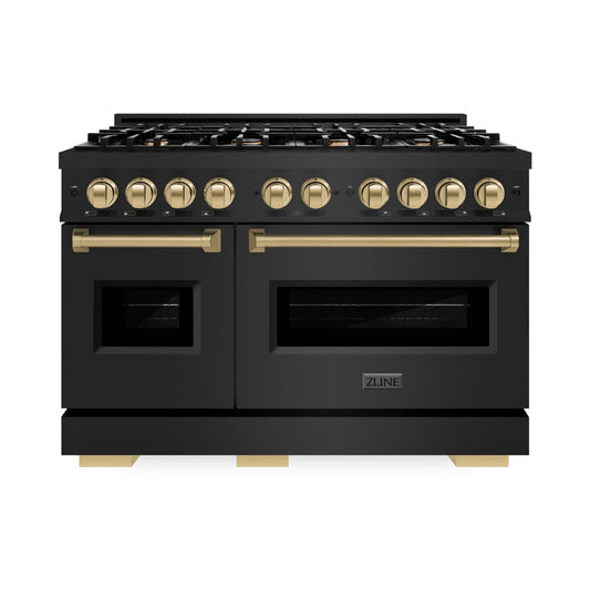 ZLINE 48 in. Dual Fuel Range with Double Oven – 6.7 cu. ft. Capacity, 8 Burners, Black Stainless Steel with Champagne Bronze Accents (CDRBZ-48-CB)