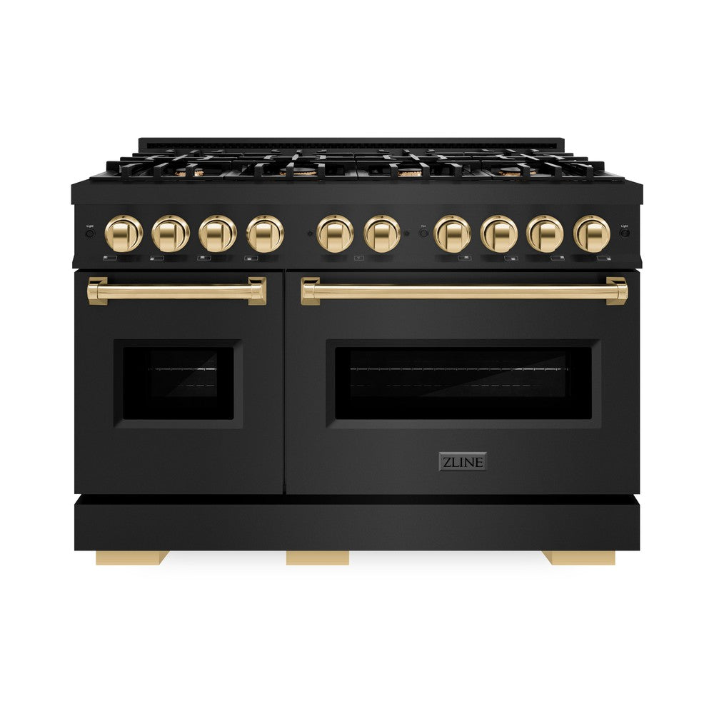 ZLINE 48 in. Dual Fuel Range Double Oven 6.7 cu. ft. Capacity 8 Burners Black Stainless Steel with Polished Gold Accents (CDRBZ-48-G)