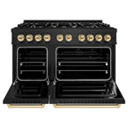ZLINE 48 in. Gas Range Double Oven 6.7 cu. ft. Capacity 8 Burners Black Stainless Steel Polished Gold Accents (CGRBZ-48-G)