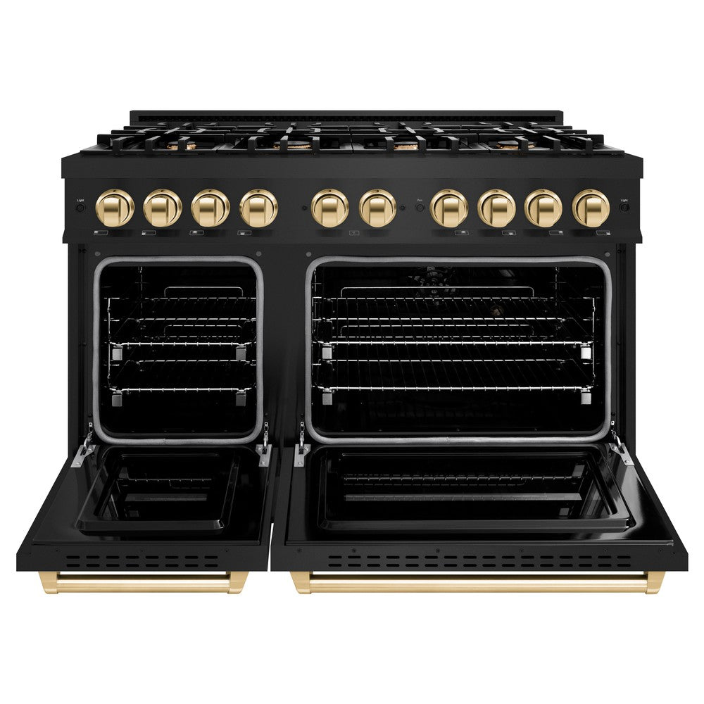 ZLINE 48 in. Gas Range Double Oven 6.7 cu. ft. Capacity 8 Burners Black Stainless Steel Polished Gold Accents (CGRBZ-48-G)