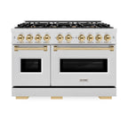 ZLINE 48 in. Dual Fuel Range 6.7 cu. ft. Double Oven with 8 Burner Gas Cooktop, Satin Stainless Steel with Polished Gold Accents (CDRSZ-48-G)