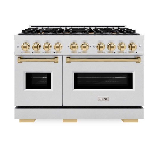 ZLINE 48 in. Dual Fuel Range 6.7 cu. ft. Double Oven with 8 Burner Gas Cooktop, Satin Stainless Steel with Polished Gold Accents (CDRSZ-48-G)