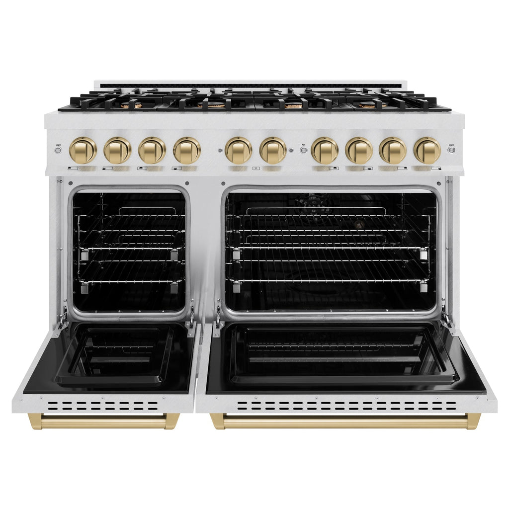 ZLINE 48 in. Double Oven Gas Range with 8 Burner Cooktop – 6.7 cu. ft. – Satin Stainless Steel with Champagne Bronze Accents (CGRSZ-48-CB)