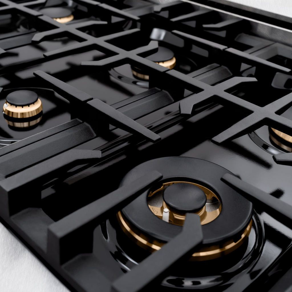 ZLINE 48 in. Gas Range Double Oven 6.7 cu. ft. 8 Brass Burners Satin Stainless Steel Polished Gold Accents (CGRSZ-48-G)