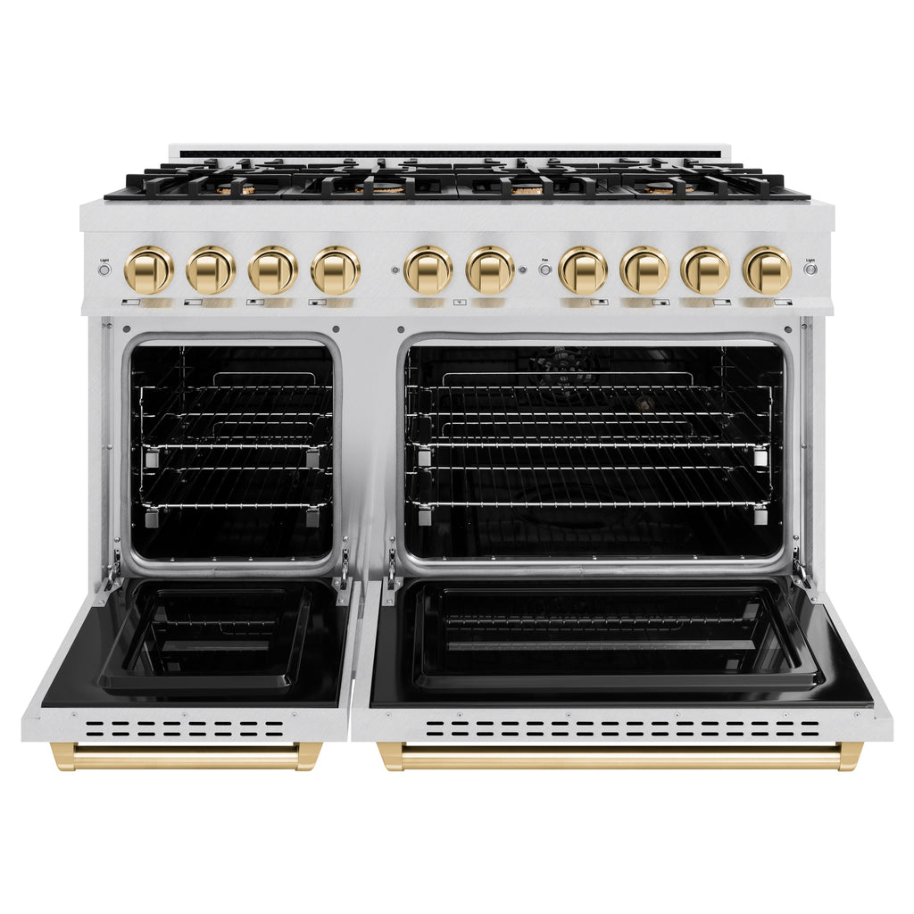 ZLINE 48 in. Gas Range Double Oven 6.7 cu. ft. 8 Brass Burners Satin Stainless Steel Polished Gold Accents (CGRSZ-48-G)