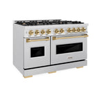 ZLINE 48 in. Gas Range Double Oven 6.7 cu. ft. 8 Brass Burners Satin Stainless Steel Polished Gold Accents (CGRSZ-48-G)