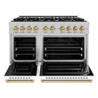 ZLINE 48 in. Dual Fuel Range Double Oven 6.7 cu. ft. with 8 Gas Burners, Satin Stainless Steel, White Matte Doors, Champagne Bronze Accents (CDRSZ-WM-48-CB)