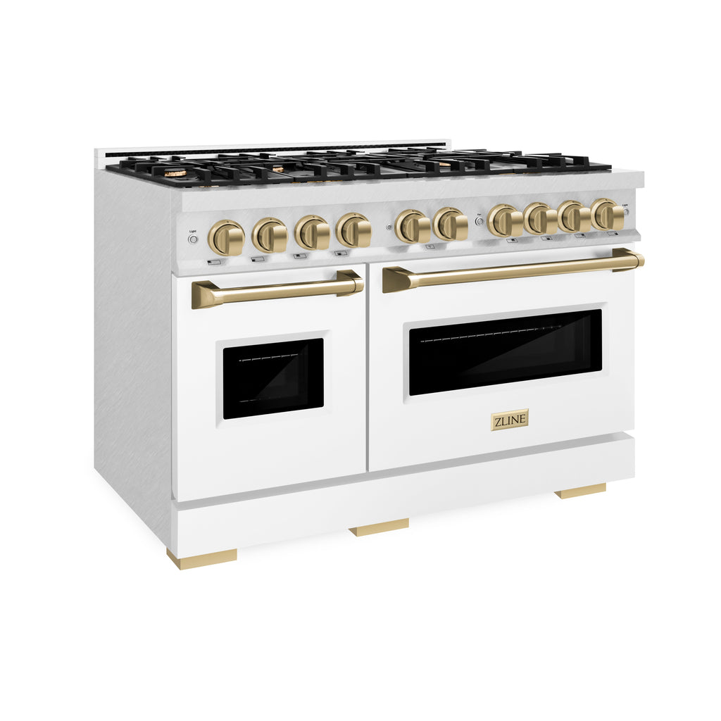 ZLINE 48 in. Dual Fuel Range Double Oven 6.7 cu. ft. with 8 Gas Burners, Satin Stainless Steel, White Matte Doors, Champagne Bronze Accents (CDRSZ-WM-48-CB)