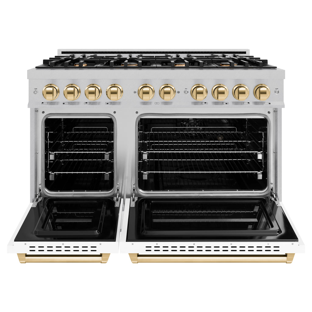 ZLINE 48 in. Dual Fuel Range 6.7 cu. ft. Double Oven with 8 Burner Gas Cooktop, Satin Stainless Steel, White Matte Doors, Polished Gold Accents (CDRSZ-WM-48-G)