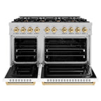 ZLINE 48 in. Dual Fuel Range 6.7 cu. ft. Double Oven with 8 Burner Gas Cooktop, Satin Stainless Steel, White Matte Doors, Polished Gold Accents (CDRSZ-WM-48-G)
