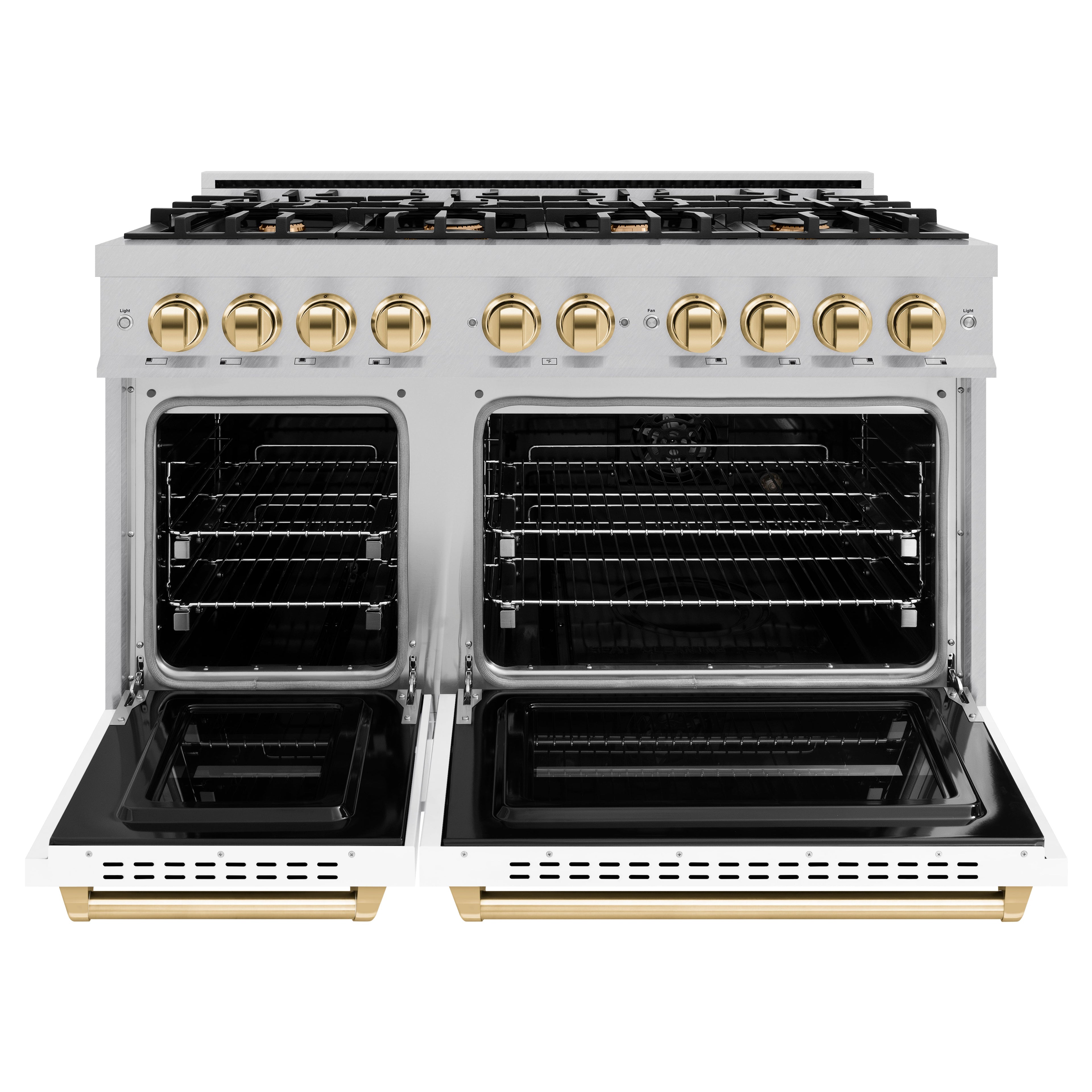 ZLINE 48 in. Dual Fuel Range 6.7 cu. ft. Double Oven with 8 Burner Gas Cooktop, Satin Stainless Steel, White Matte Doors, Polished Gold Accents (CDRSZ-WM-48-G)