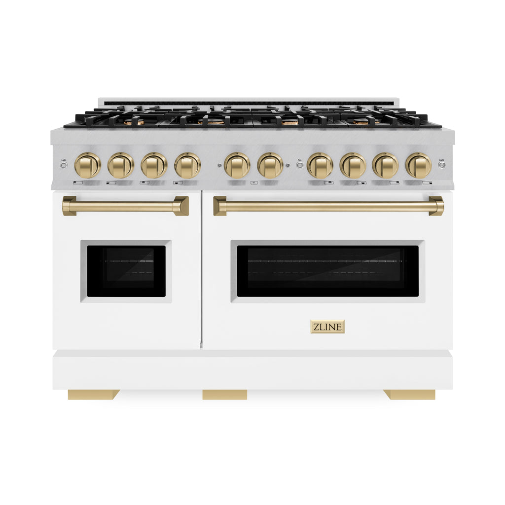 ZLINE 48 in. Double Oven Gas Range 6.7 cu. ft. 8 Burner Cooktop Satin Stainless Steel White Matte Doors Champagne Bronze Accents (CGRSZ-WM-48-CB)