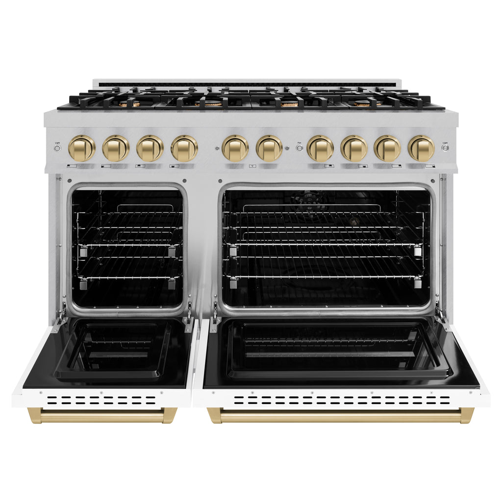ZLINE 48 in. Double Oven Gas Range 6.7 cu. ft. 8 Burner Cooktop Satin Stainless Steel White Matte Doors Champagne Bronze Accents (CGRSZ-WM-48-CB)