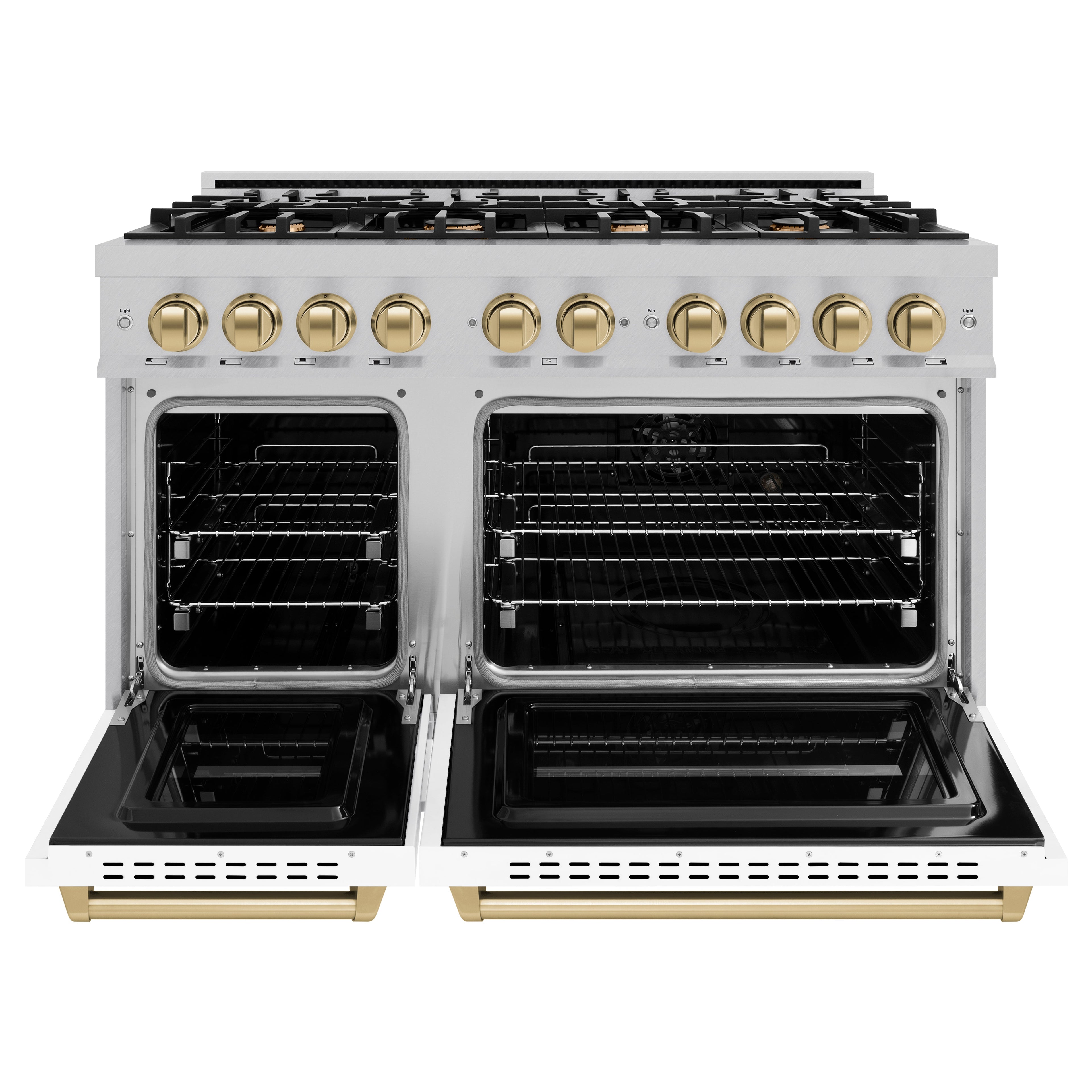 ZLINE 48 in. Double Oven Gas Range 6.7 cu. ft. 8 Burner Cooktop Satin Stainless Steel White Matte Doors Champagne Bronze Accents (CGRSZ-WM-48-CB)
