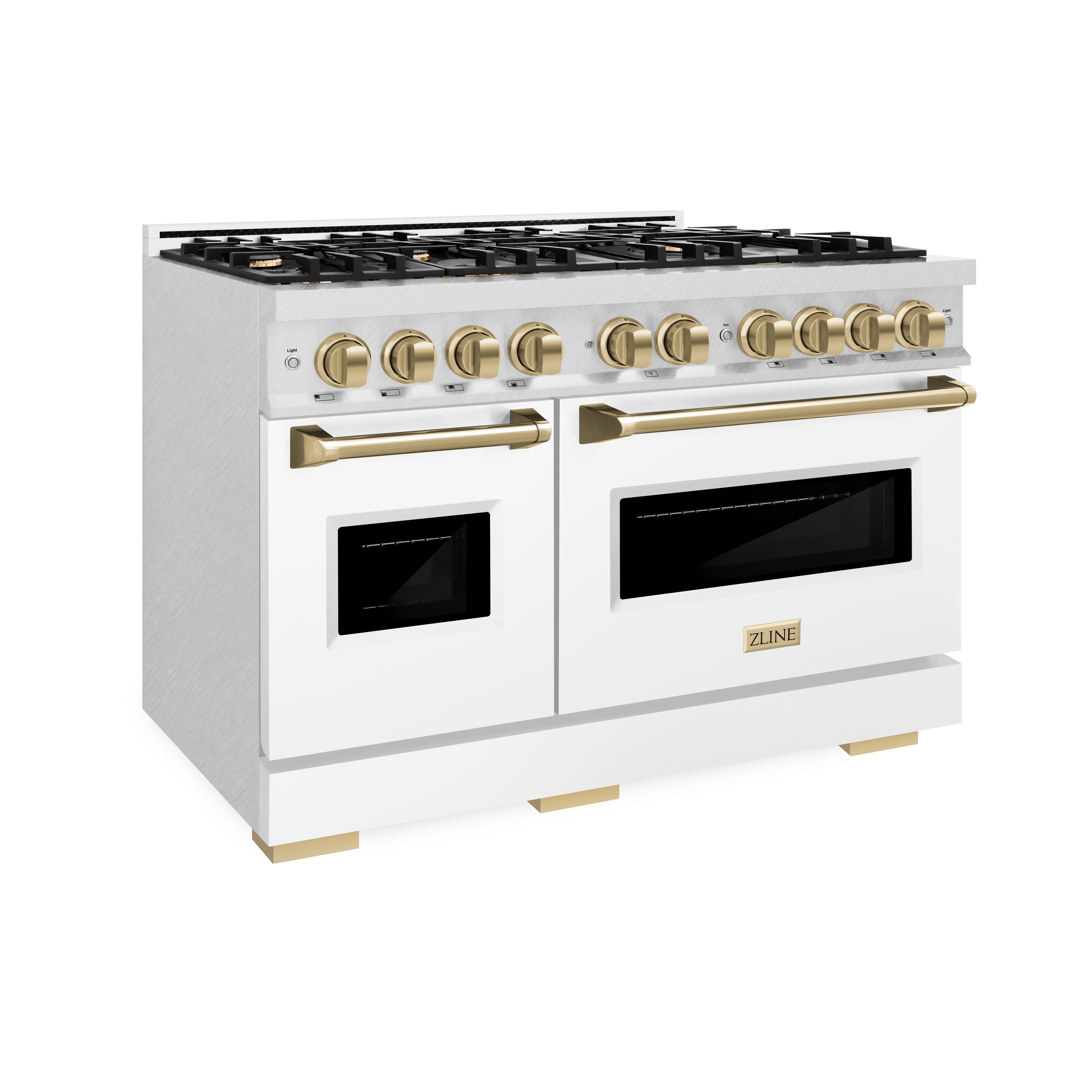 ZLINE 48 in. Double Oven Gas Range 6.7 cu. ft. 8 Burner Cooktop Satin Stainless Steel White Matte Doors Champagne Bronze Accents (CGRSZ-WM-48-CB)