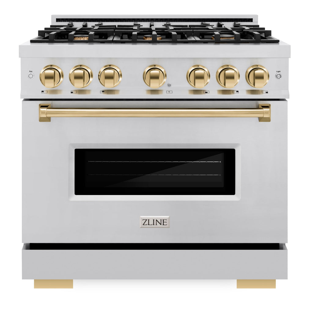 ZLINE Autograph Edition 36 in. 5.2 cu. ft. Classic Dual Fuel Range with 6 Burner Gas Cooktop and Electric Convection Oven in Stainless Steel with Polished Gold Accents (CDRZ-36-G)