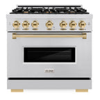 ZLINE Autograph Edition 36 in. 5.2 cu. ft. Classic Dual Fuel Range with 6 Burner Gas Cooktop and Electric Convection Oven in Stainless Steel with Polished Gold Accents (CDRZ-36-G)