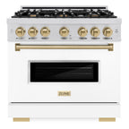 ZLINE Autograph Edition 36 in. 5.2 cu. ft. Classic Dual Fuel Range with 6 Burner Gas Cooktop and Electric Convection Oven in Stainless Steel with White Matte Door and Champagne Bronze Accents (CDRZ-WM-36-CB)