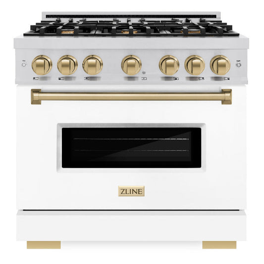ZLINE Autograph Edition 36 in. 5.2 cu. ft. Classic Dual Fuel Range with 6 Burner Gas Cooktop and Electric Convection Oven in Stainless Steel with White Matte Door and Champagne Bronze Accents (CDRZ-WM-36-CB)