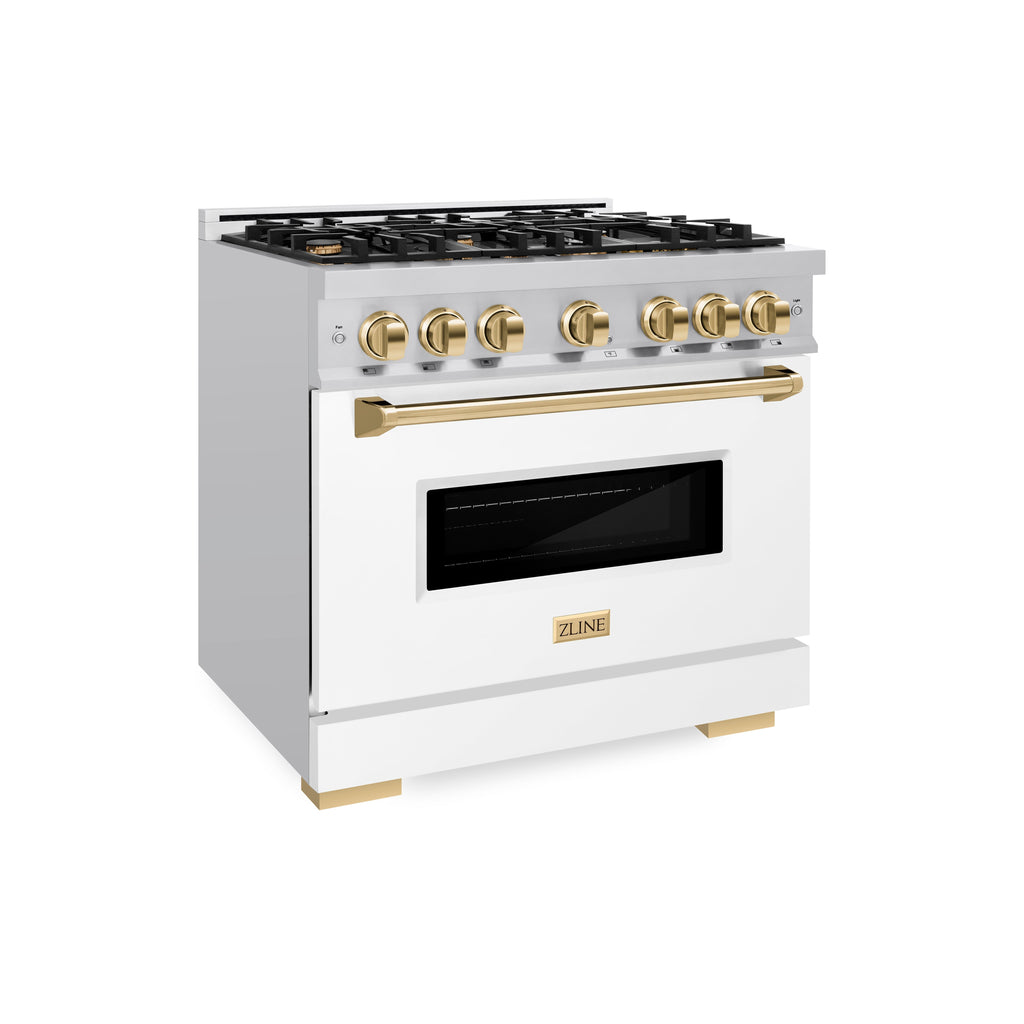 ZLINE Autograph Edition 36 in. 5.2 cu. ft. Classic Dual Fuel Range with 6 Gas Burners, Electric Convection Oven, Stainless Steel with White Matte Door and Polished Gold Accents (CDRZ-WM-36-G)