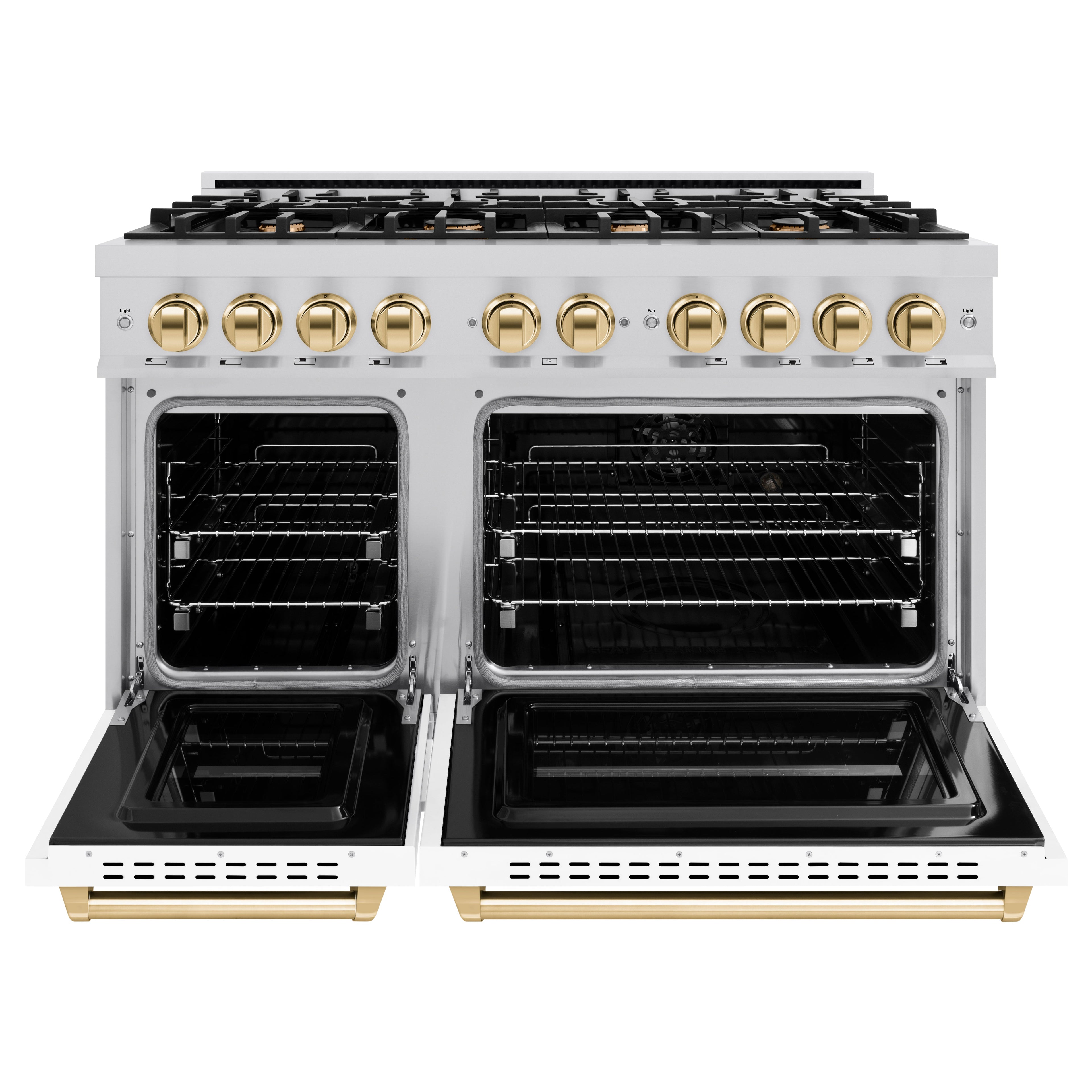 ZLINE Autograph Edition 48 in. Double Oven Dual Fuel Range with 8 Gas Burners, 6.7 cu. ft., Stainless Steel with White Matte Doors and Polished Gold Accents (CDRZ-WM-48-G)