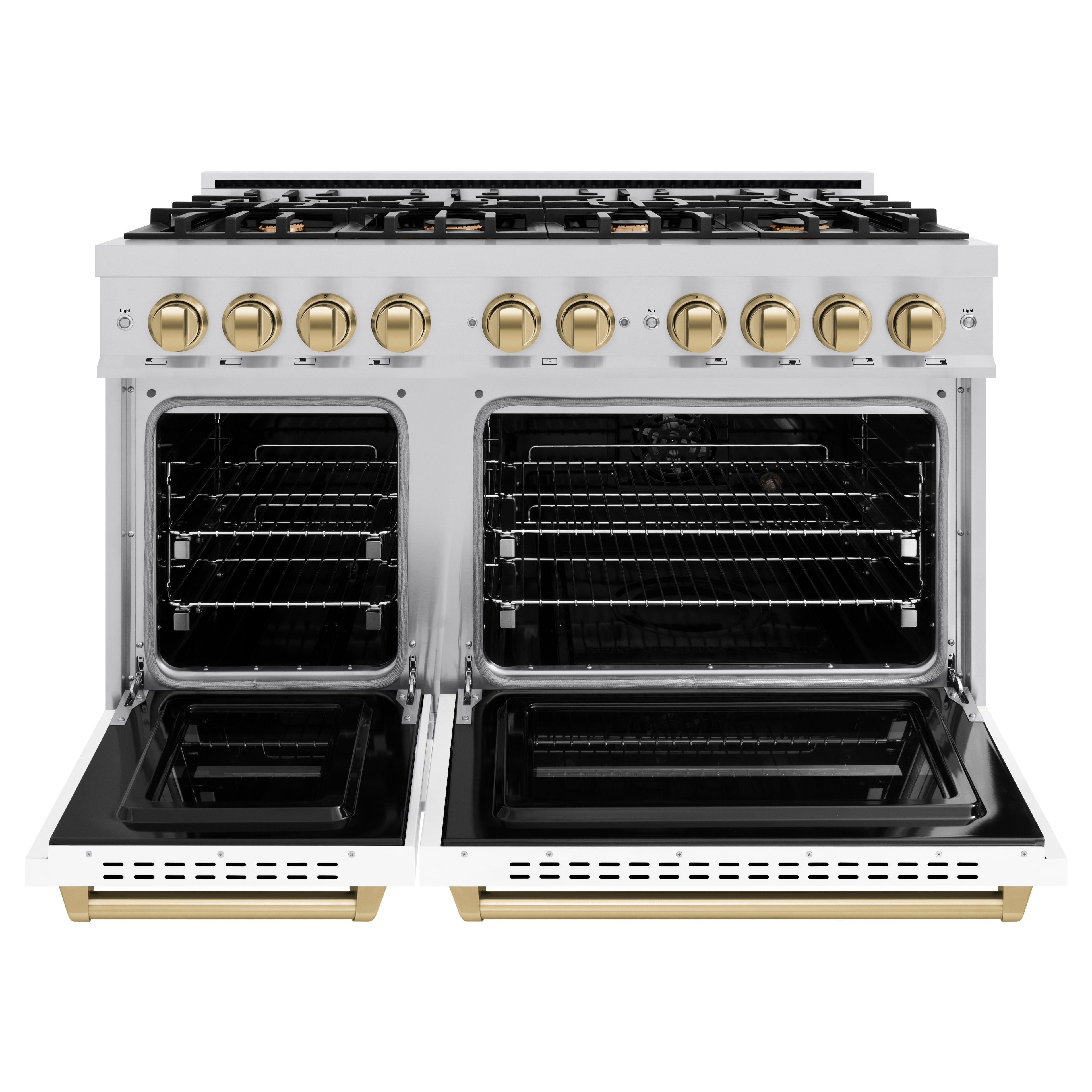 ZLINE 48 in. Classic Double Oven Gas Range 6.7 cu. ft. with 8 Burners, Stainless Steel, White Matte Doors & Champagne Bronze Accents (CGRZ-WM-48-CB)