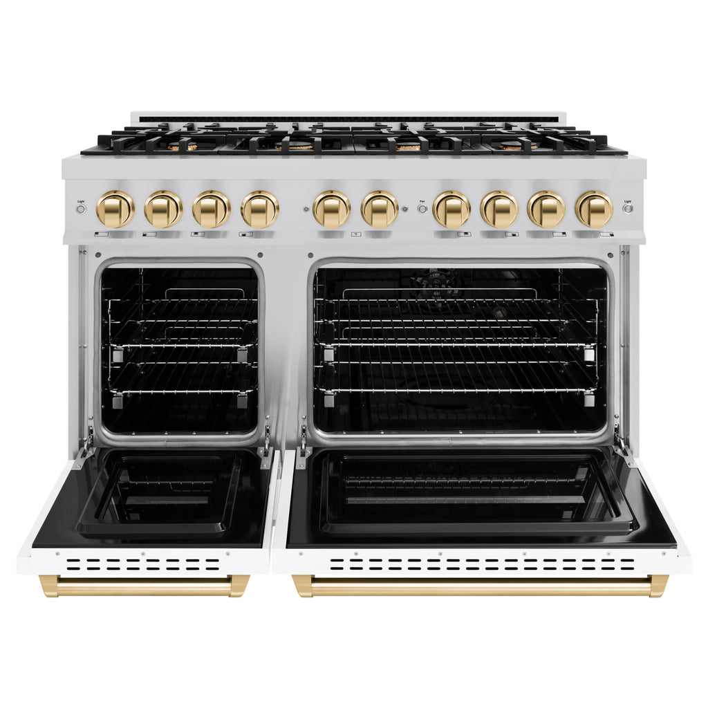 ZLINE 48 in. Classic Double Oven Gas Range 6.7 cu. ft. 8 Burners Stainless Steel White Matte Doors Polished Gold Accents (CGRZ-WM-48-G)